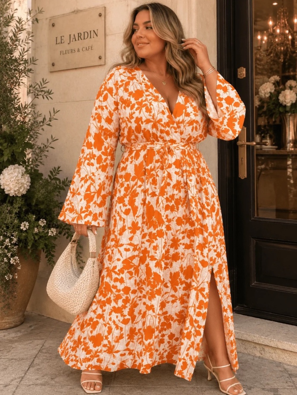 "Soul Of Curves" Plus Size Long Sleeve Self Tie Side Slit Print Maxi Dress